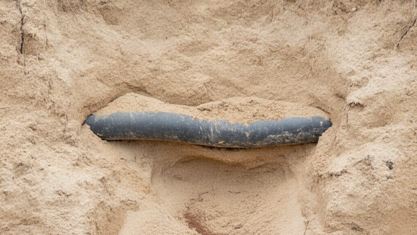Old sewer pipe exposed in a sandy excavation wall with a washed-out void in the soil beneath it