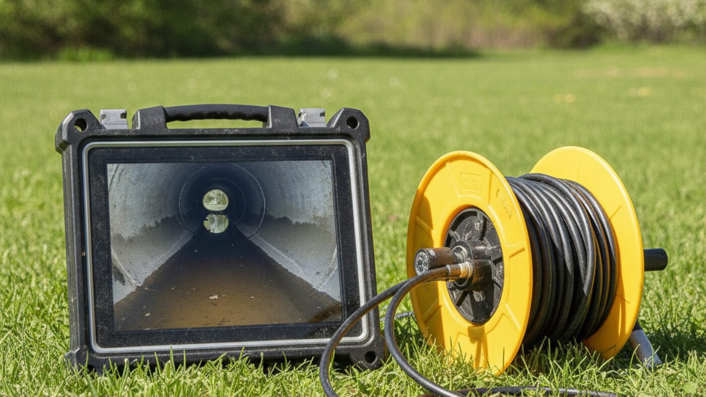 Sewer inspection camera monitor showing standing water pooled inside a pipe