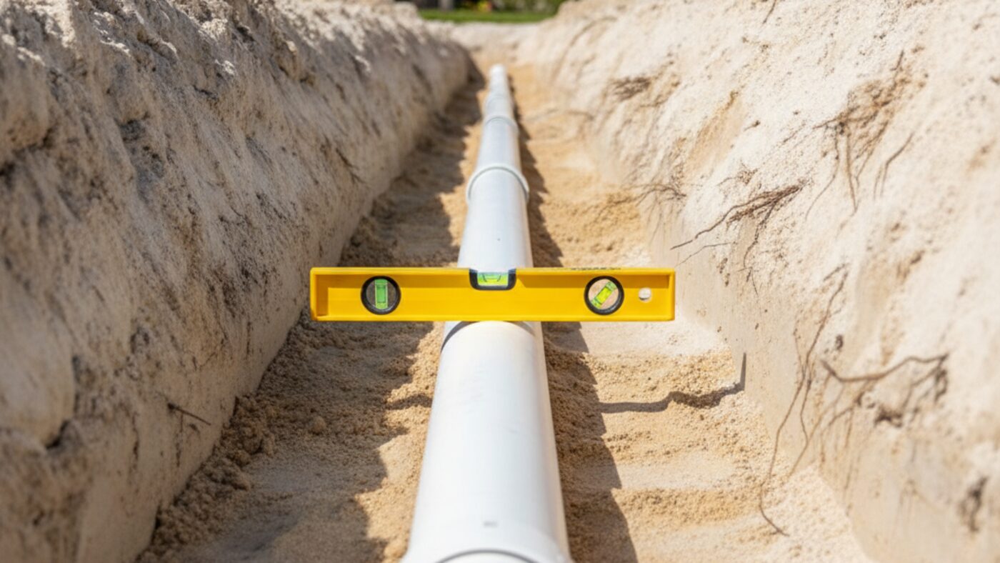 New PVC sewer pipe laid on compacted sand bedding with a level checking the slope
