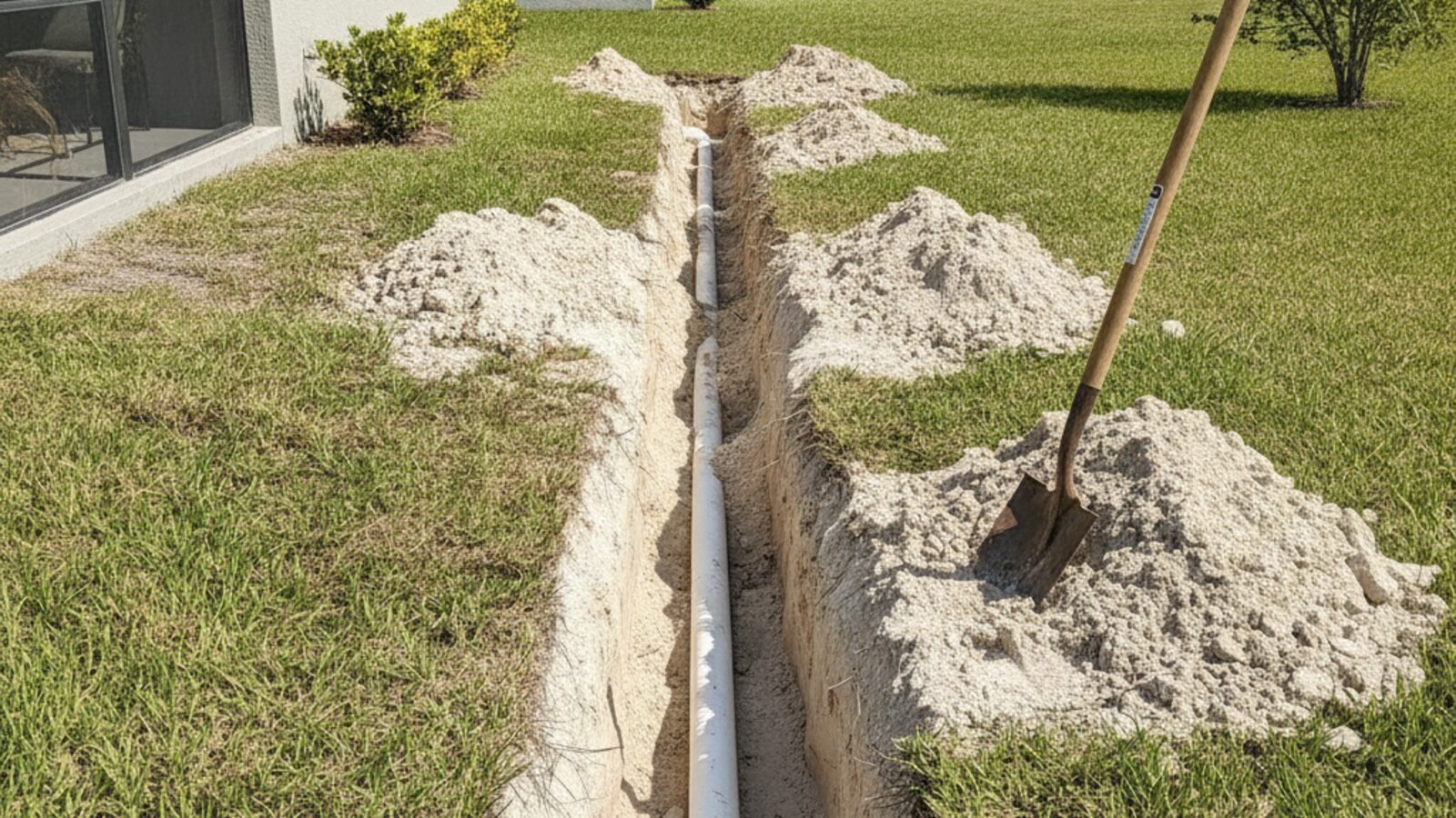 Narrow trench beside a Central Florida home exposing a white PVC sewer line, with sandy spoil piled along the edge and a shovel standing in it