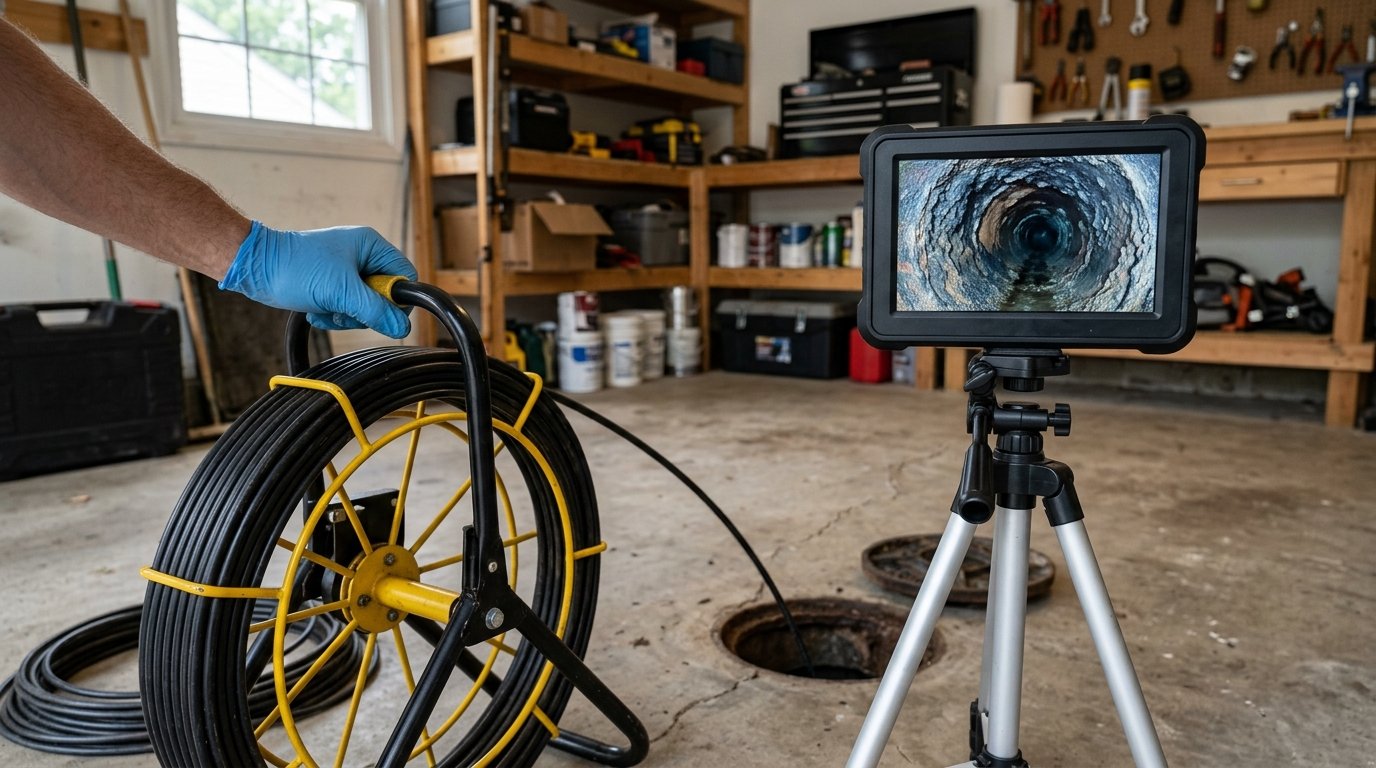 Sewer inspection camera monitor showing the rough, scaled interior of an old cast iron pipe
