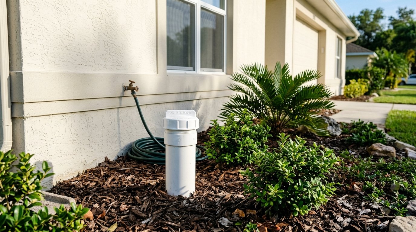 Exterior sewer cleanout with a white cap in a flower bed beside a Florida home