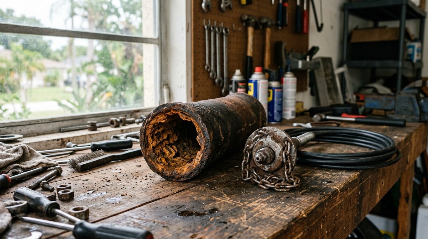 Cut section of old cast iron sewer pipe crusted with rust scale beside a chain-knocker descaling head on a workbench