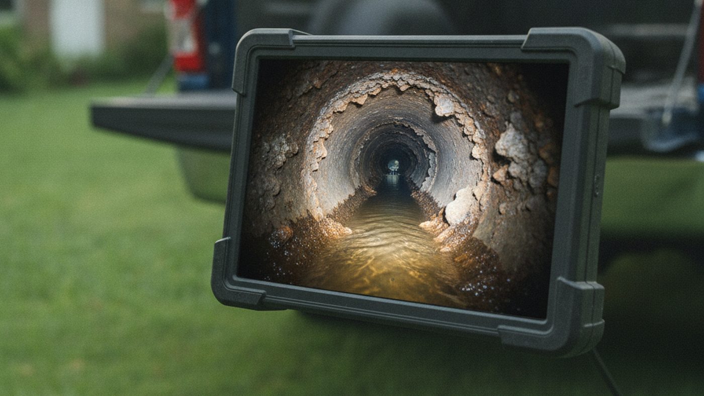 Sewer inspection camera monitor showing heavy rust scale lining the inside of an old cast iron drain pipe