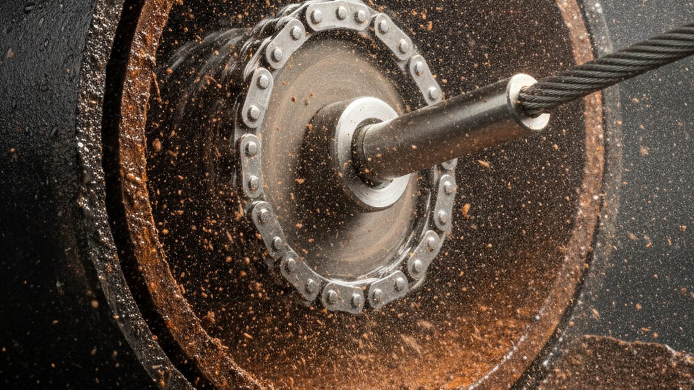 Chain knocker descaling head grinding rust scale off the inside wall of a cut-open cast iron pipe