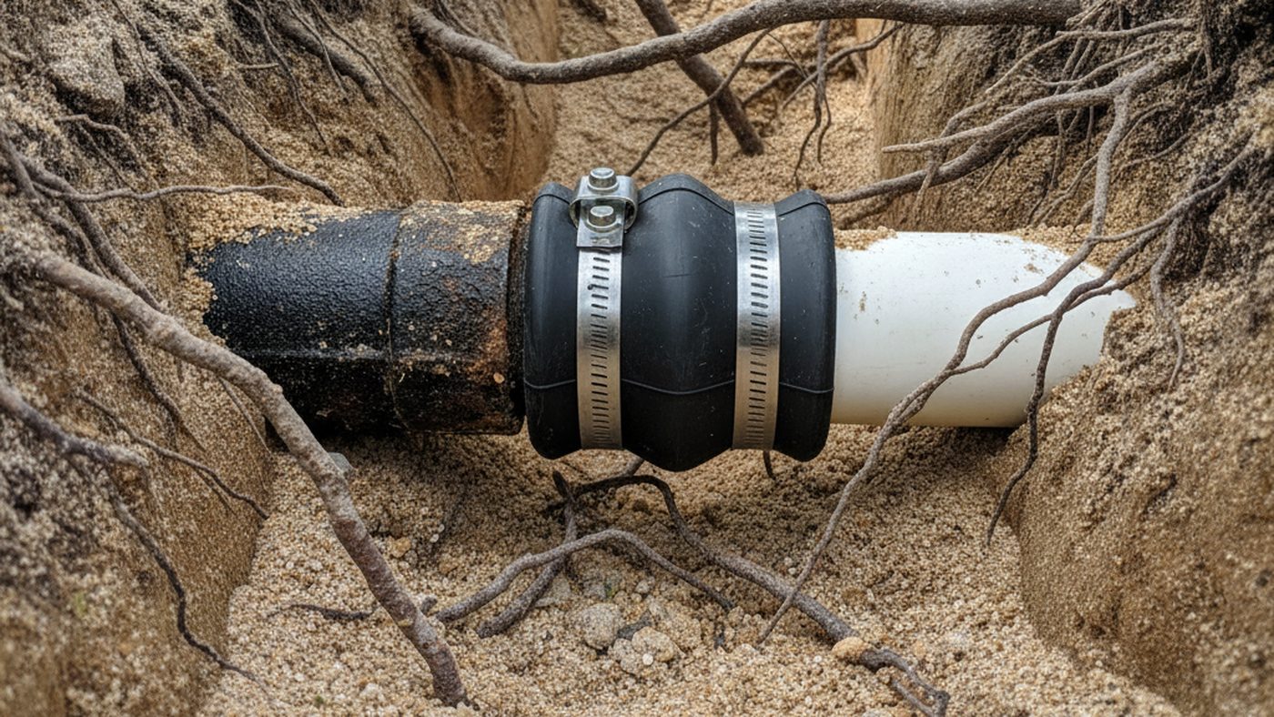 New white PVC sewer pipe joined to an old black cast iron pipe with a banded transition coupling in a sandy trench