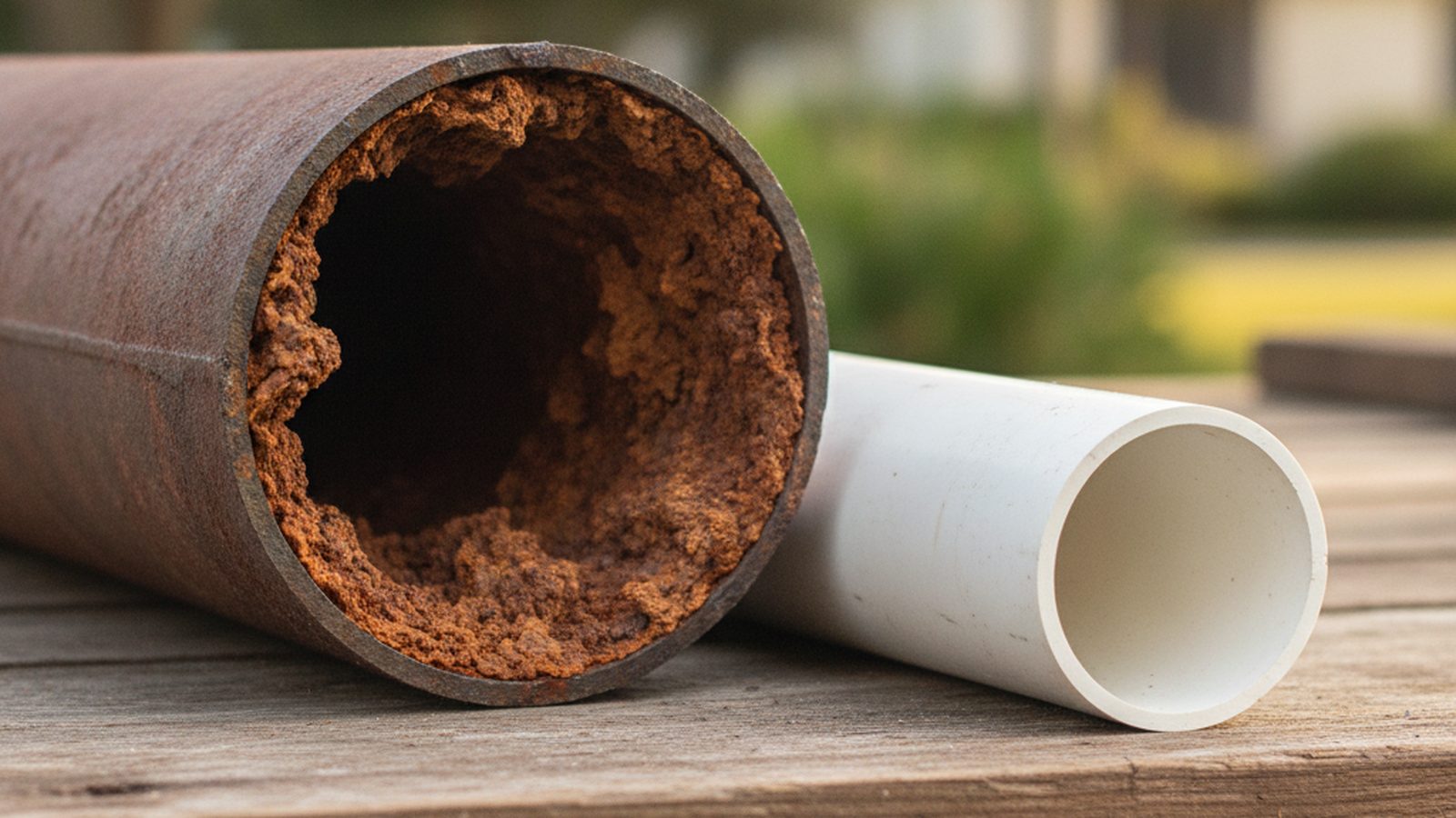 Old cast iron sewer pipe with thick rust scale inside, lying next to a new white PVC pipe