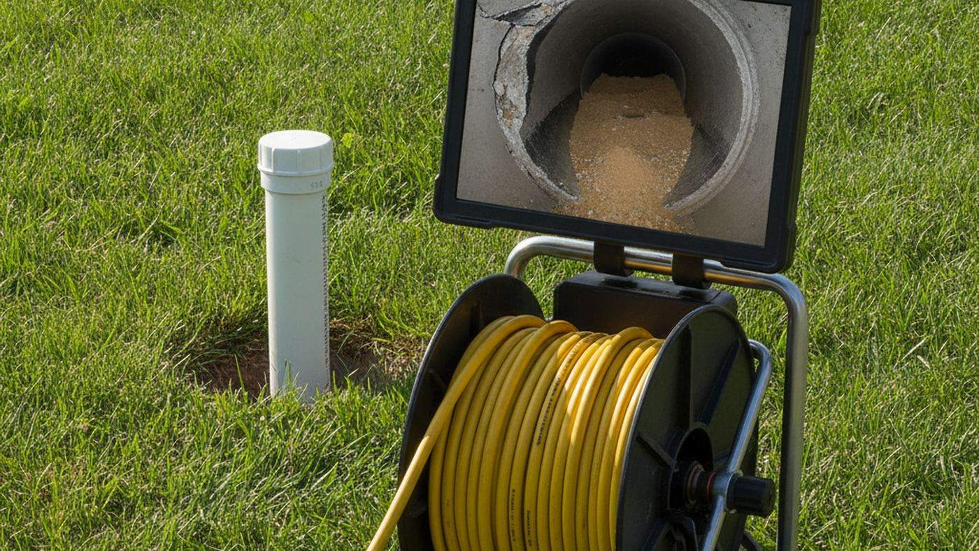 Sewer inspection camera monitor showing a collapsed section of underground pipe filled with sand
