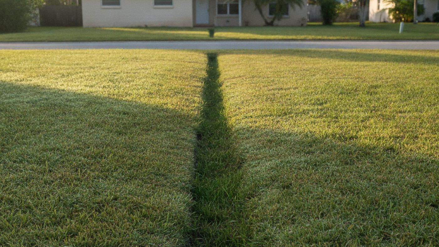 Sunken strip of greener grass running across a Florida front lawn along the path of a buried sewer line