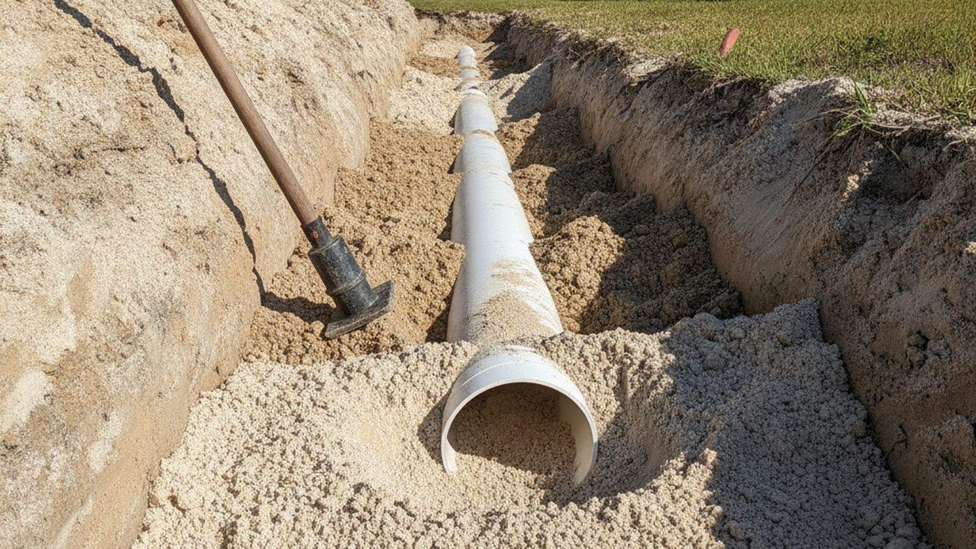 New white PVC sewer pipe laid on compacted sand bedding in an open trench with a hand tamper nearby
