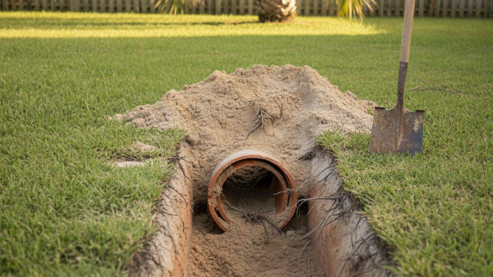 Old clay sewer pipe exposed in a sandy backyard trench with a shovel beside it