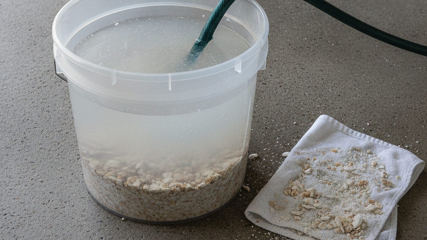 Mineral sediment and limescale flakes flushed from a tank water heater in hard Polk County water