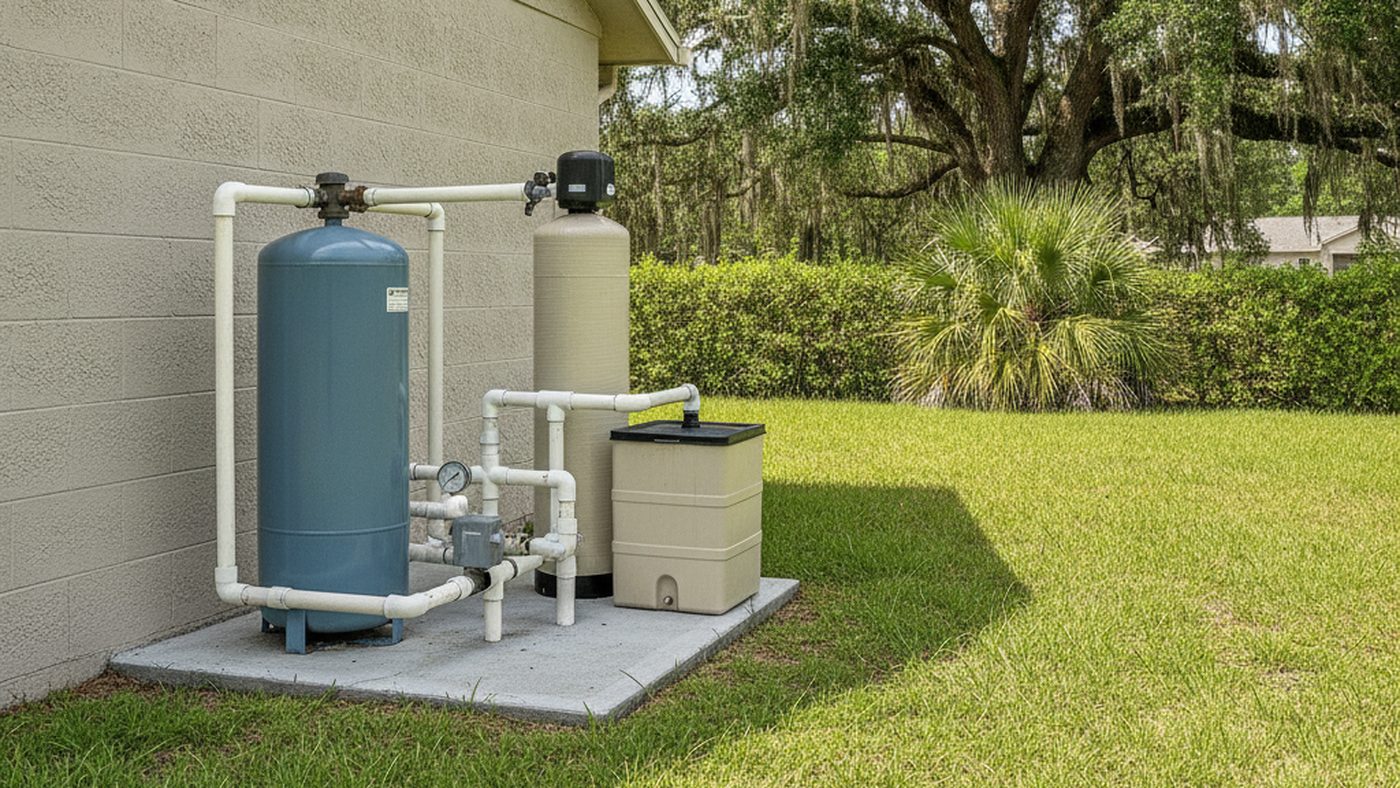 Private well pressure tank and water softener beside a rural Polk County home