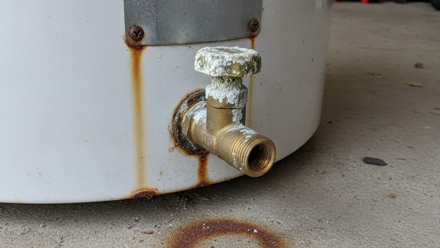 Corroded, scale-crusted drain valve on an old water heater that is better flushed by a plumber