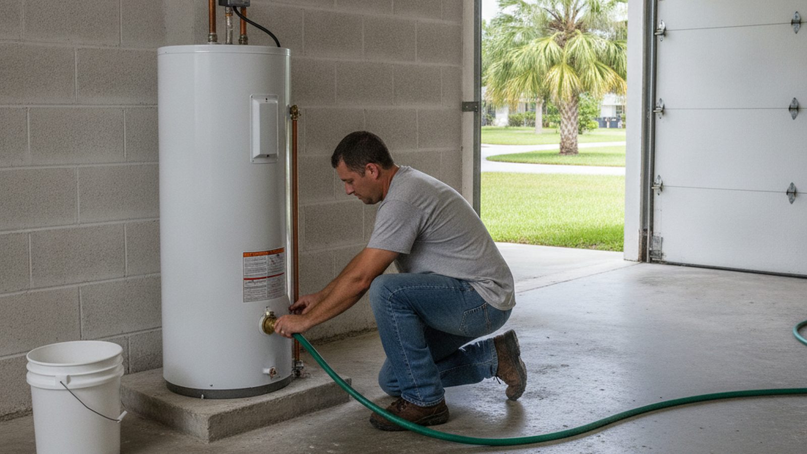 Homeowner kneeling in a Florida garage attaching a garden hose to the drain valve of a tank water heater to flush it