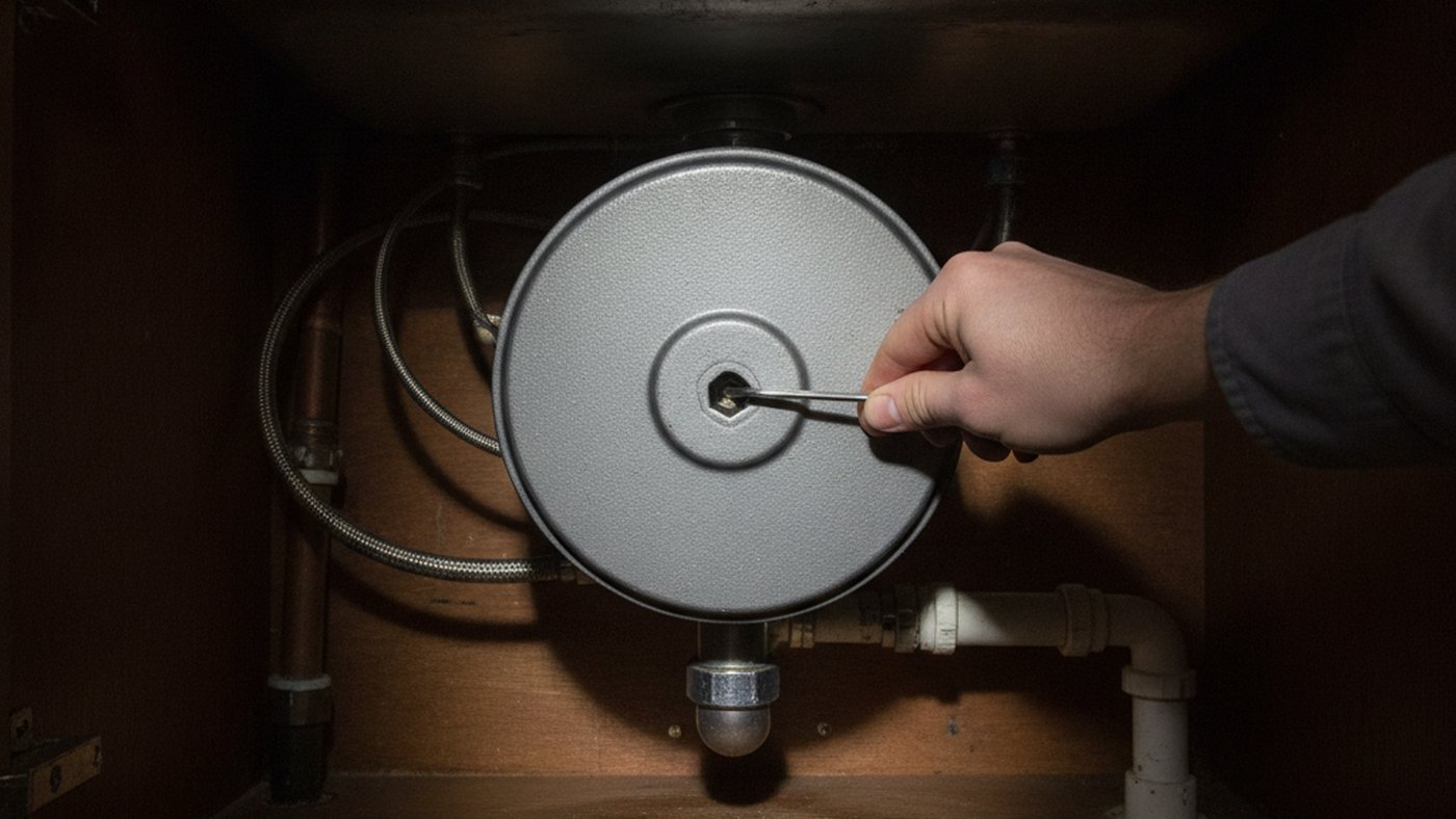 Hand turning a small hex key in the socket at the center of a garbage disposal's underside