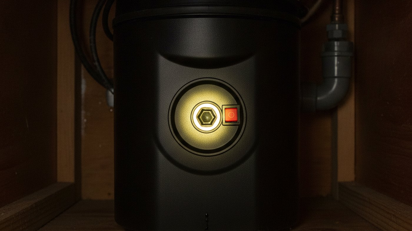 Hex socket and small red reset button on a garbage disposal inside an under-sink cabinet