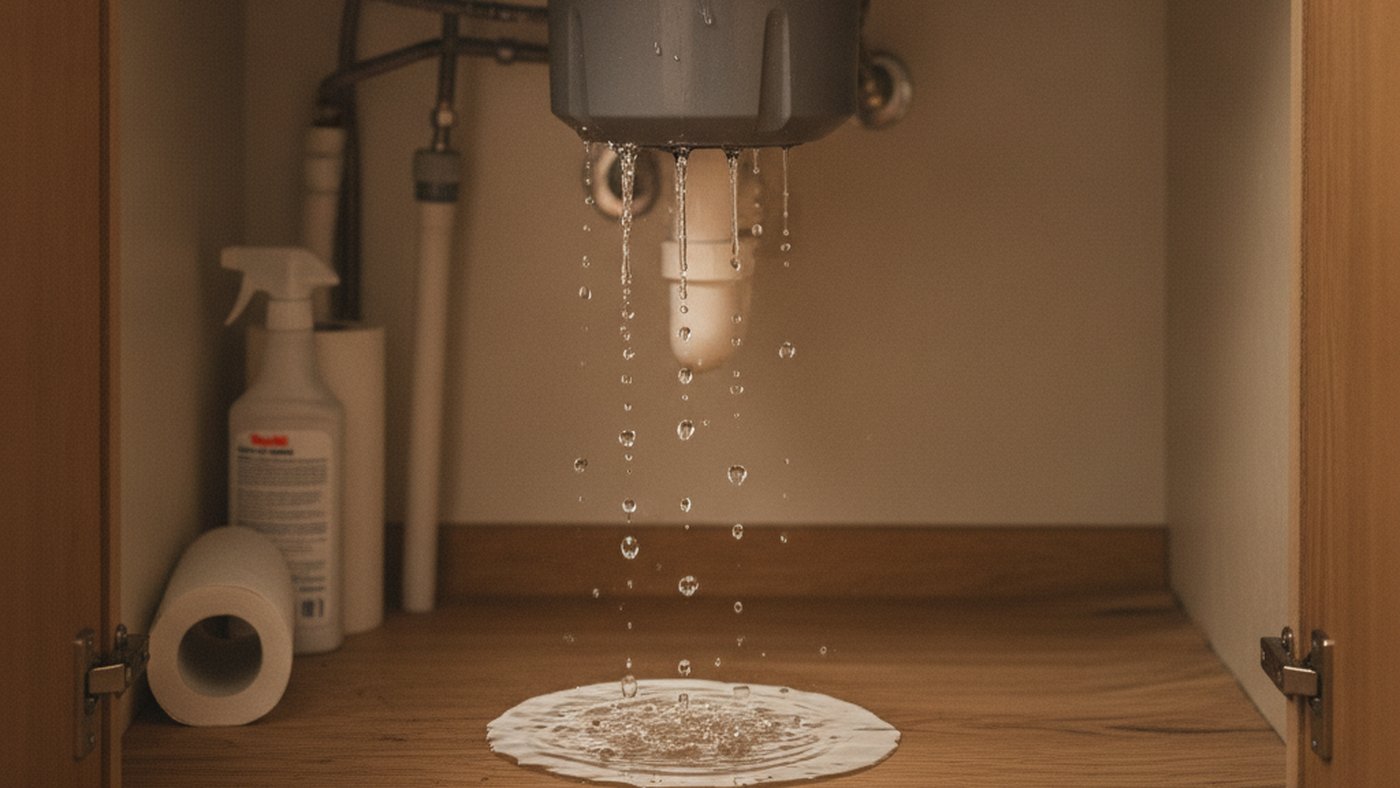 Water dripping from the bottom of a garbage disposal into a puddle on the cabinet floor