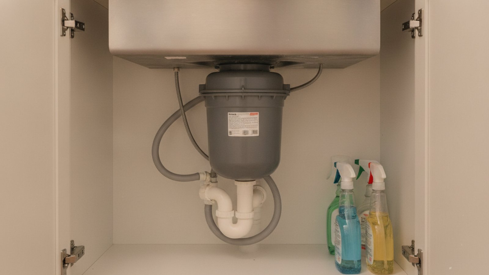 Grey garbage disposal mounted beneath a stainless steel kitchen sink inside an open cabinet