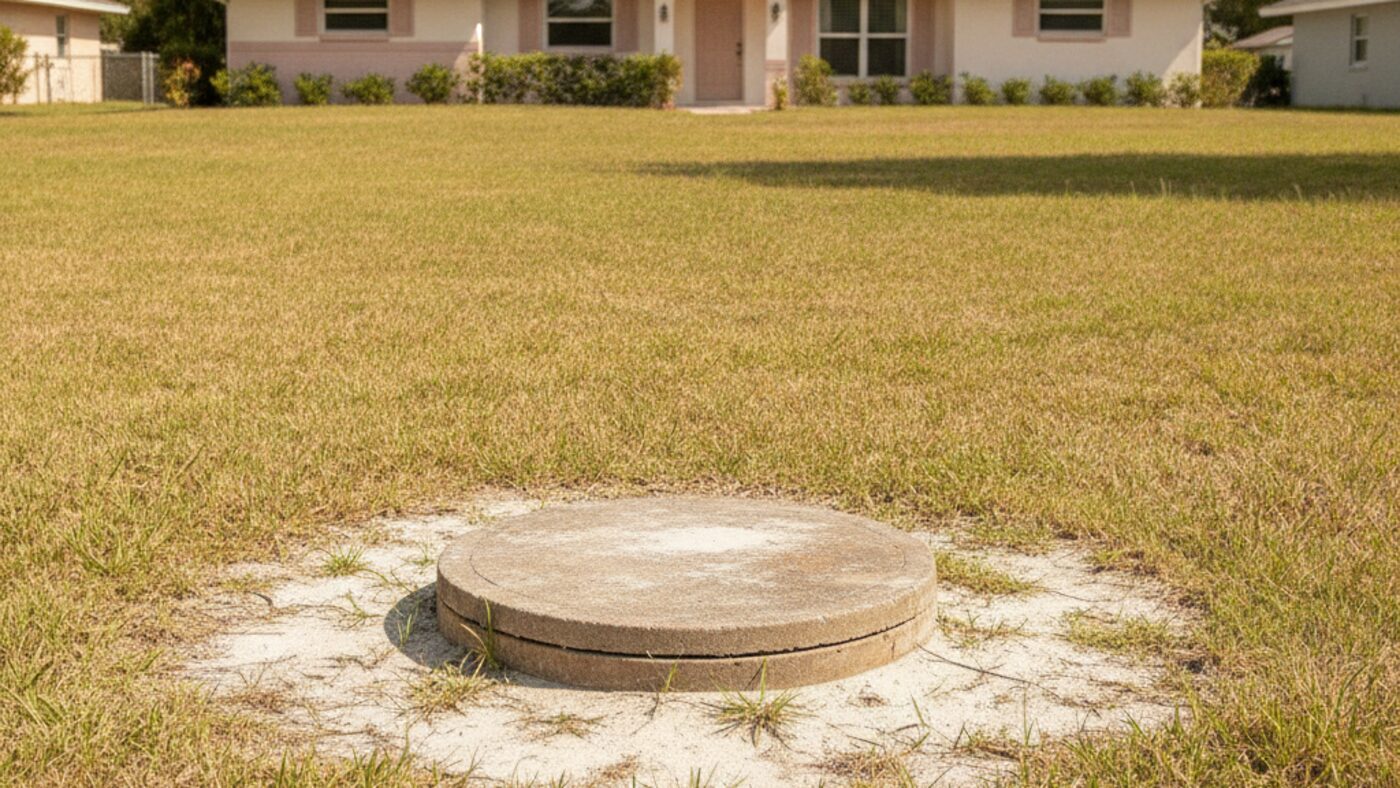 Concrete septic tank access lid set in a sandy Central Florida lawn