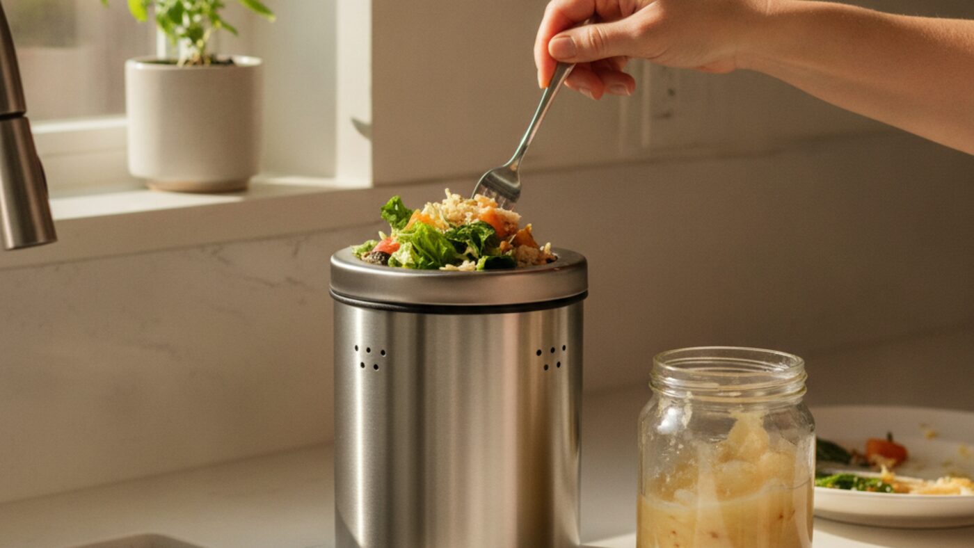 Food scraps scraped into a countertop compost bin instead of down the garbage disposal