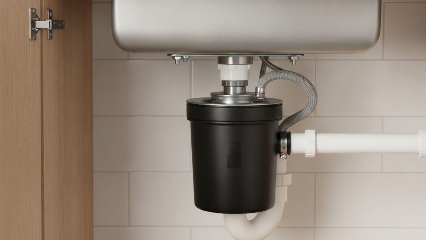 Garbage disposal mounted under a kitchen sink with the drain trap and dishwasher hose connected