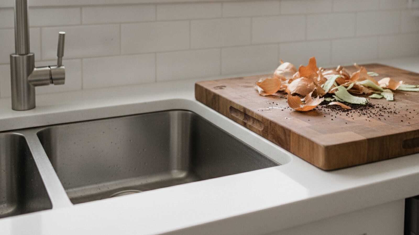 Bright Florida kitchen sink with vegetable peels and coffee grounds on a cutting board beside the garbage disposal drain