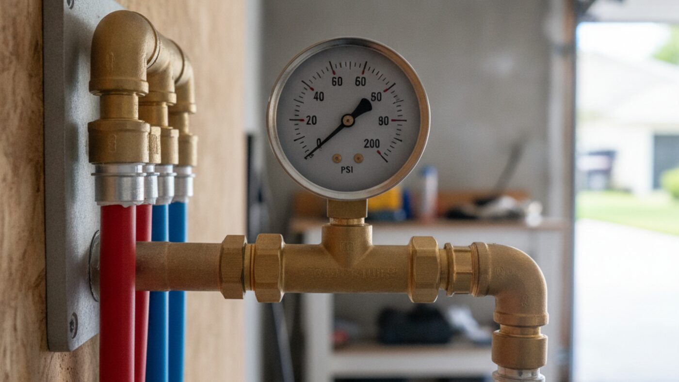Pressure test gauge fitted to new PEX water supply lines at a manifold in a home garage