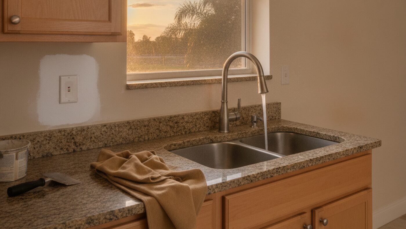 Kitchen at the end of a workday with water running at the sink and a primed drywall patch beside the cabinets