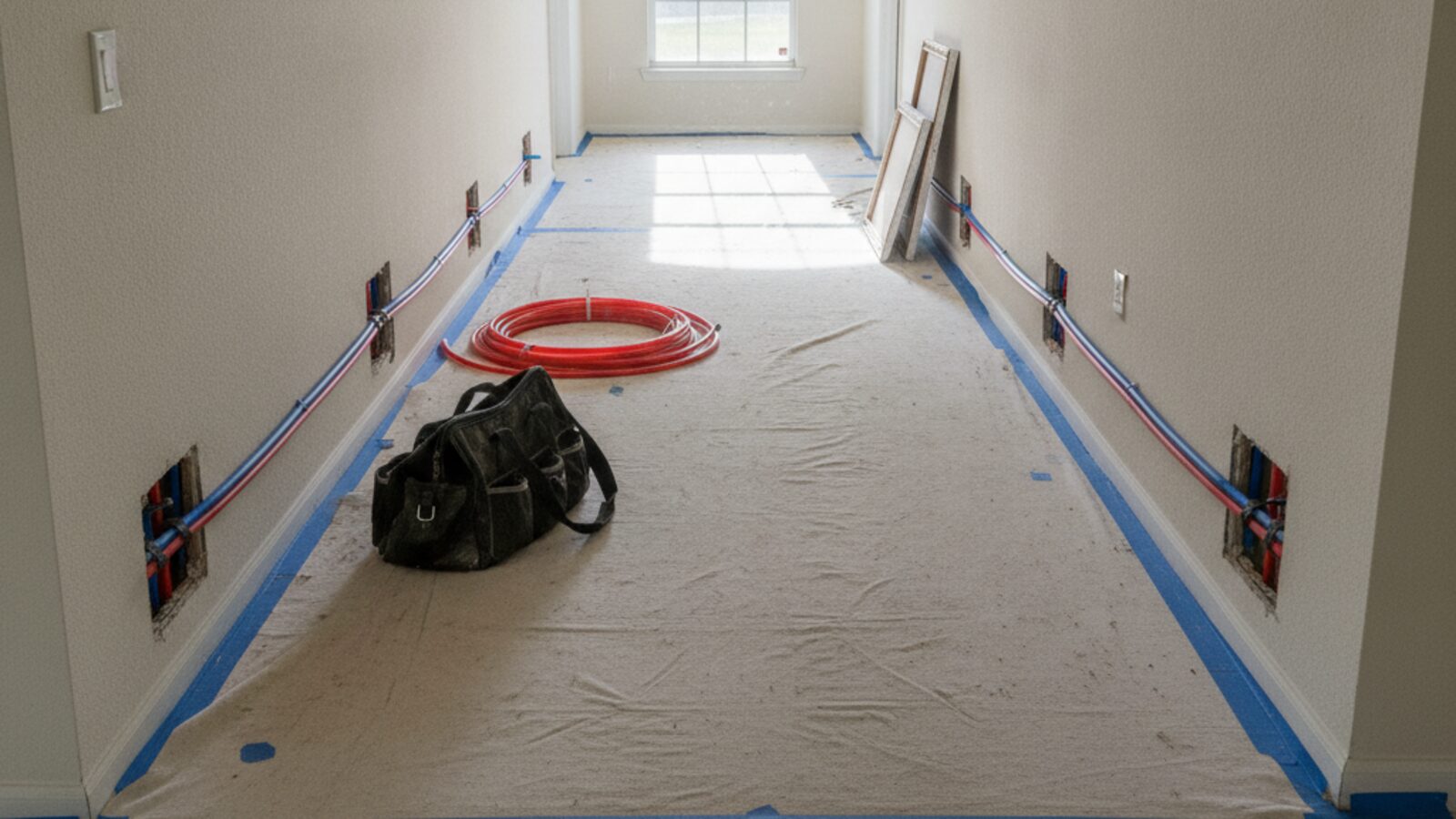 Hallway of a single-story home with drop cloths on the floor and small wall openings showing new red and blue PEX water lines