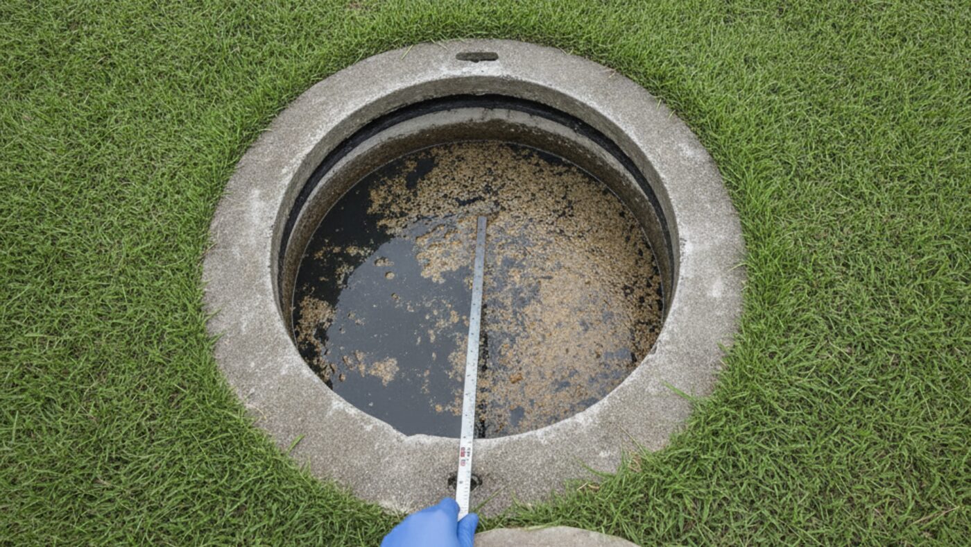 Open septic tank riser lid in a lawn showing the floating scum layer, with a technician measuring sludge depth with a probe rod
