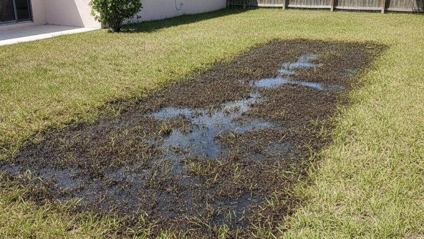 Soggy dark strip of lawn with standing water pooling over a Lakeland home septic drain field