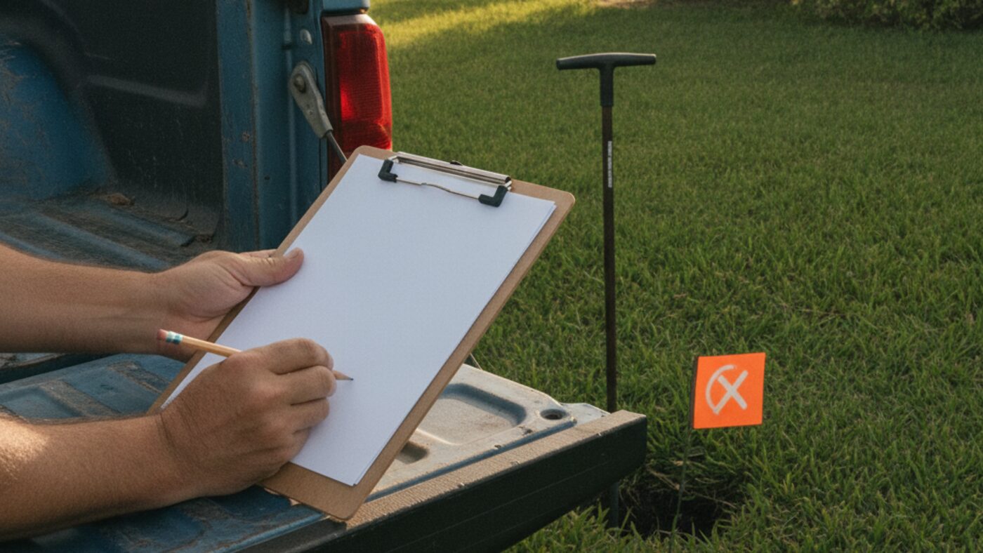Homeowner writing a septic pumping date on a clipboard beside a soil probe and a marker flag showing the tank location