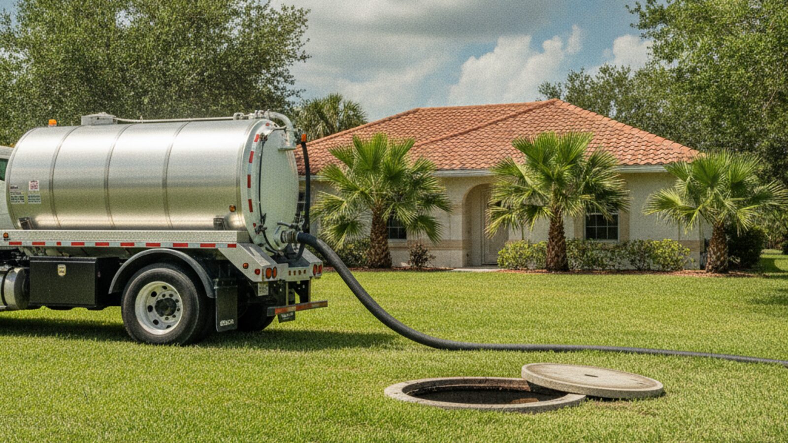 Septic pump truck parked on the lawn of a Polk County home with its hose running to an open septic tank lid