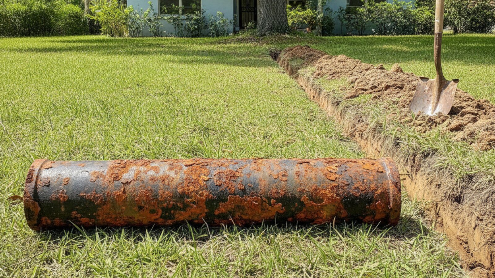 Length of heavily rusted cast iron drain pipe pulled from a trench and set on the lawn outside an older Florida home