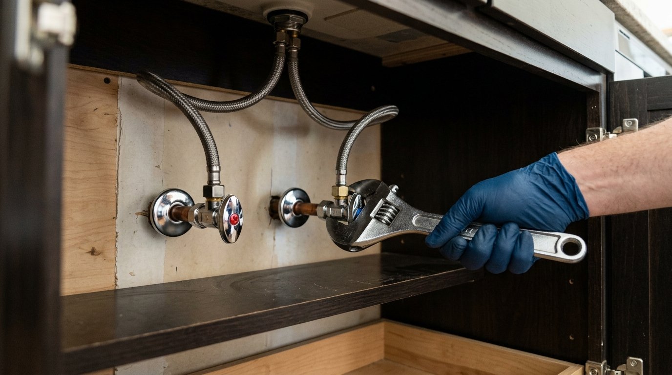 Inside a kitchen sink cabinet with shut-off valves and braided stainless supply lines being connected