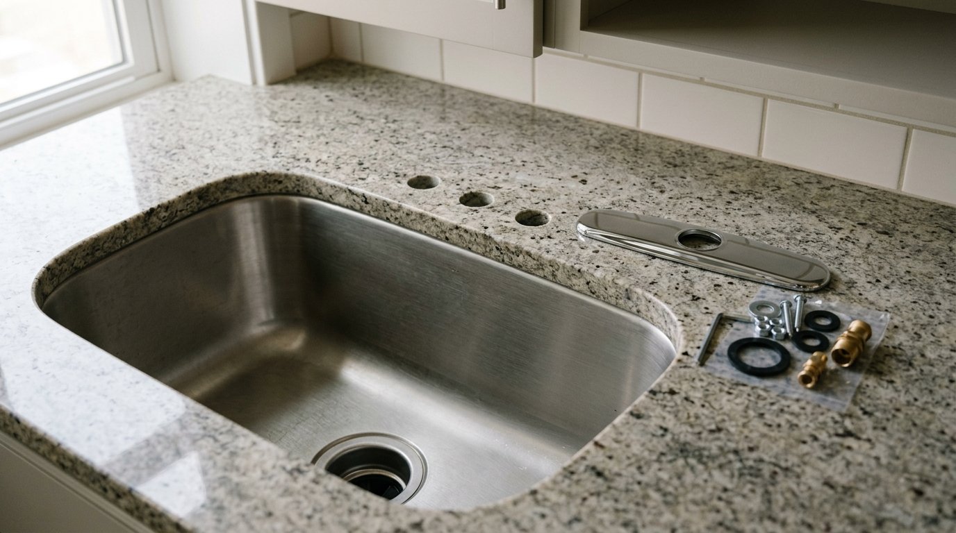 Granite countertop behind a sink with three faucet mounting holes and a deck plate ready for installation