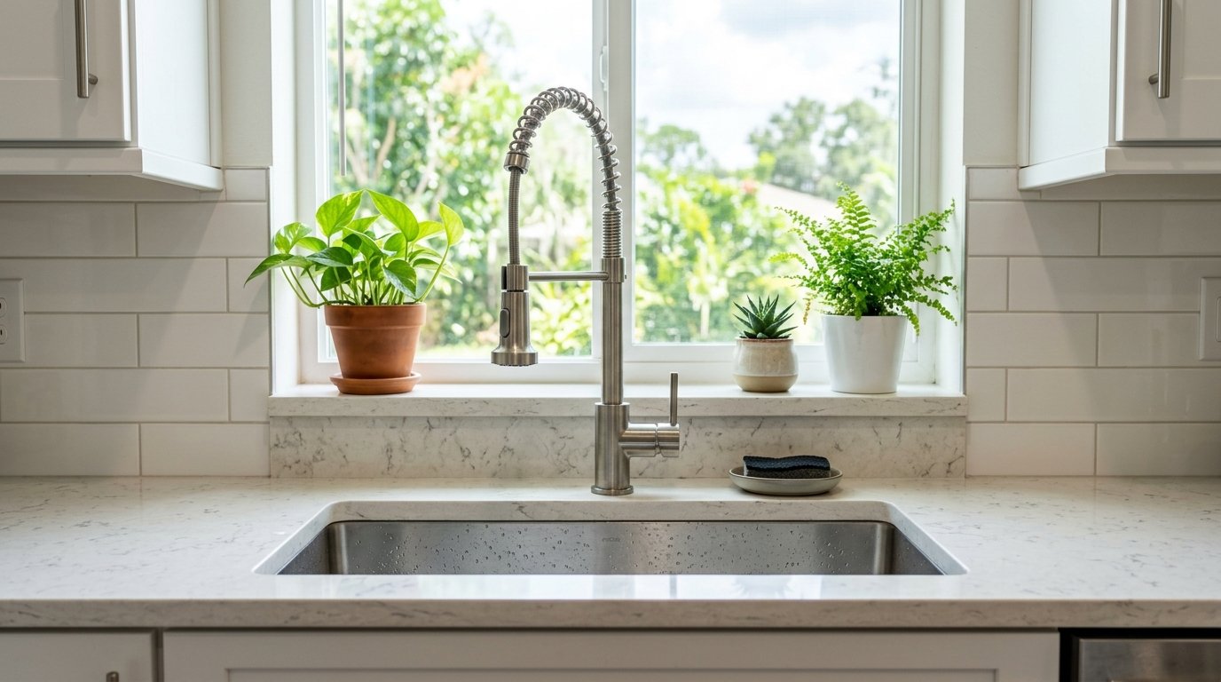 Stainless pull-down kitchen faucet installed on a quartz countertop over an undermount sink