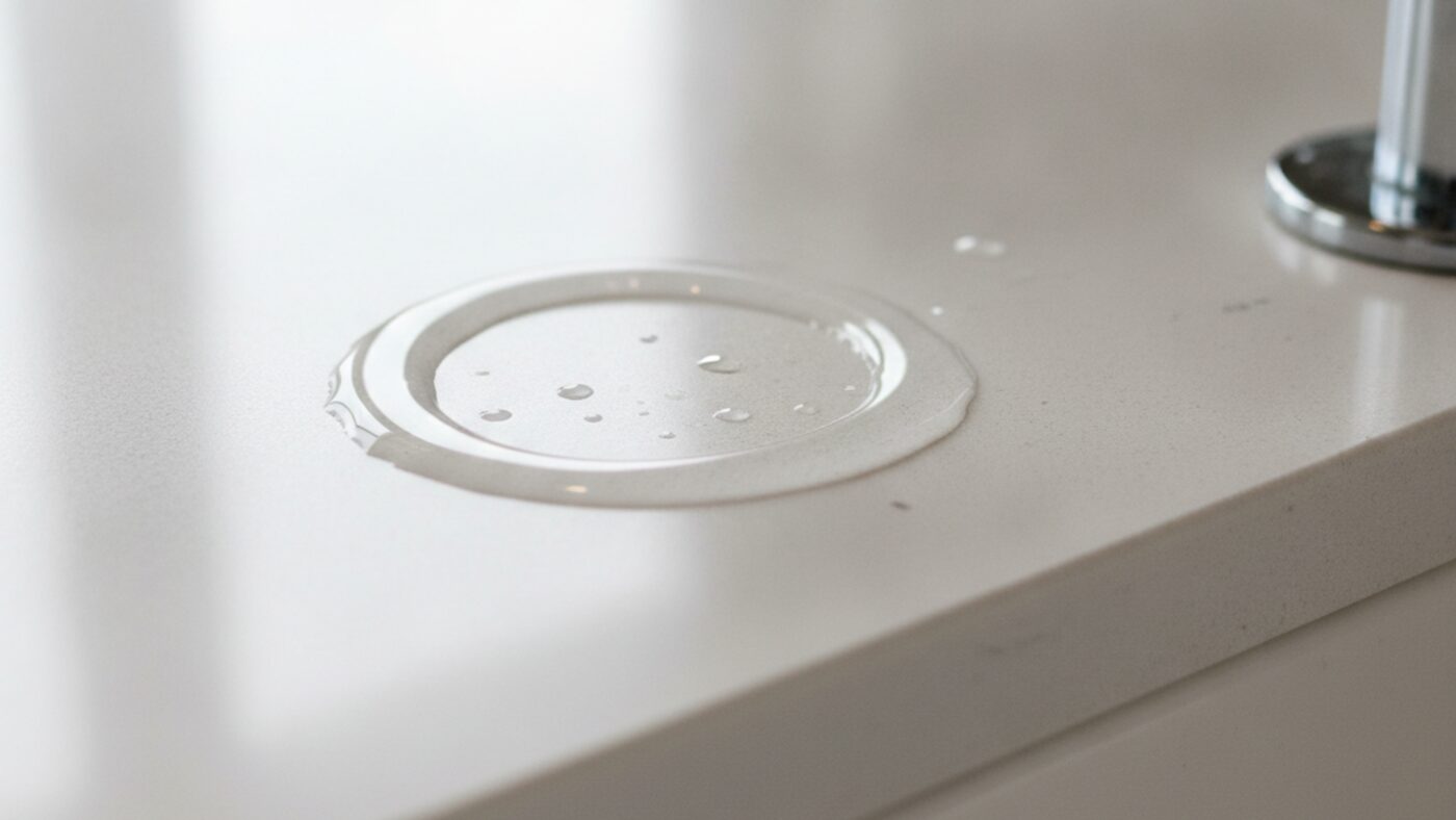 Water pooling in a ring around the base of a chrome faucet where it meets the countertop