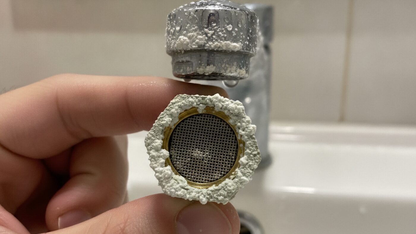 Faucet aerator unscrewed and held up, its mesh screen caked with chalky white hard water scale