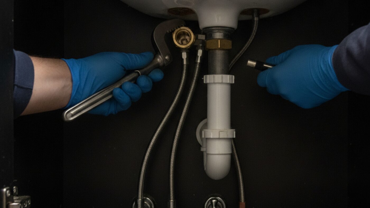 Plumber tightening a new faucet mounting nut with a basin wrench from inside a vanity cabinet, braided supply lines and shutoff valves in view