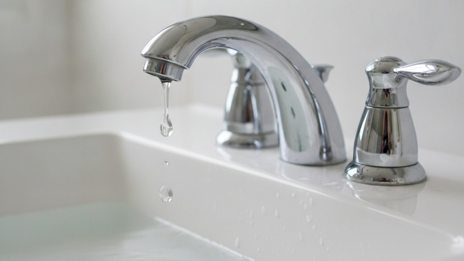 Chrome bathroom faucet dripping water into a white basin