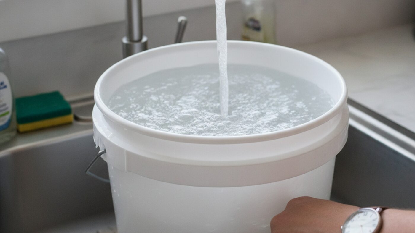 Bucket filling from a kitchen faucet at full flow while a homeowner times it on a wristwatch