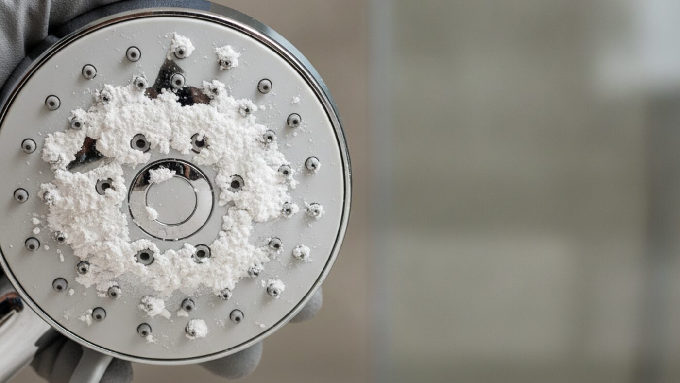 Removed shower head with spray nozzles blocked by chalky white mineral scale, with a toothbrush ready for cleaning