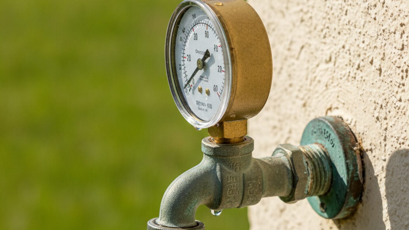 Analogue water pressure test gauge screwed onto an outdoor hose bibb on a Florida stucco wall
