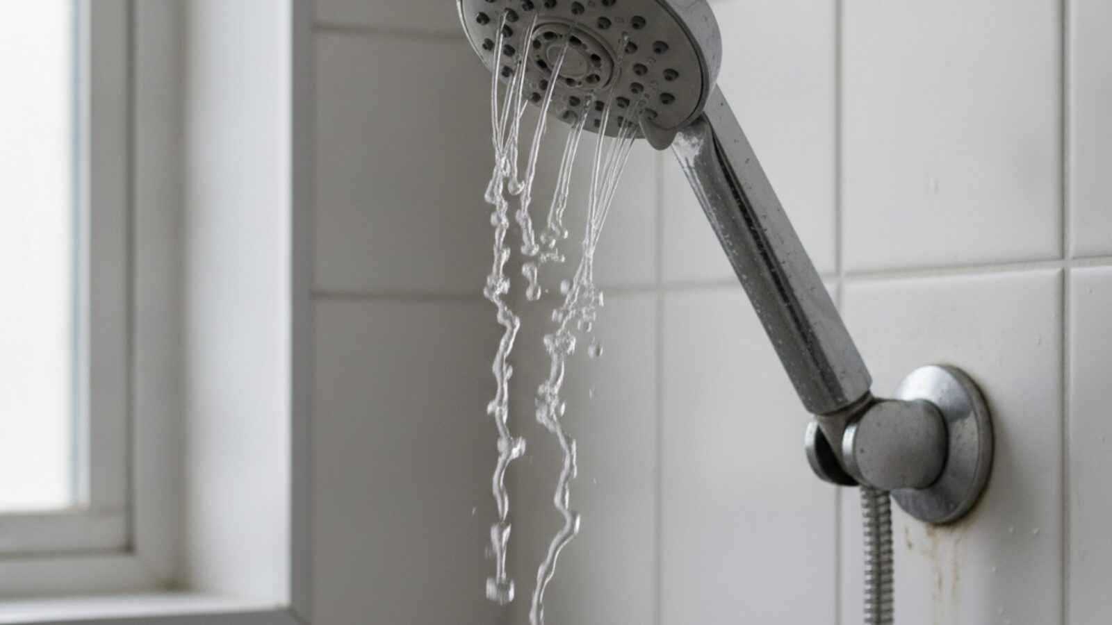 Shower head trickling only a thin stream of water in a tiled Lakeland bathroom