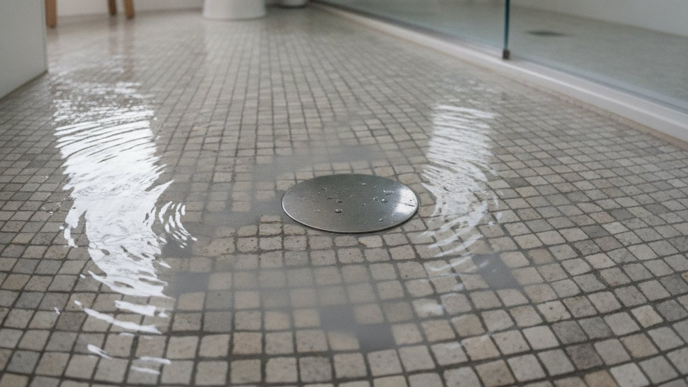 Shallow water spreading across a tiled bathroom floor around a round floor drain