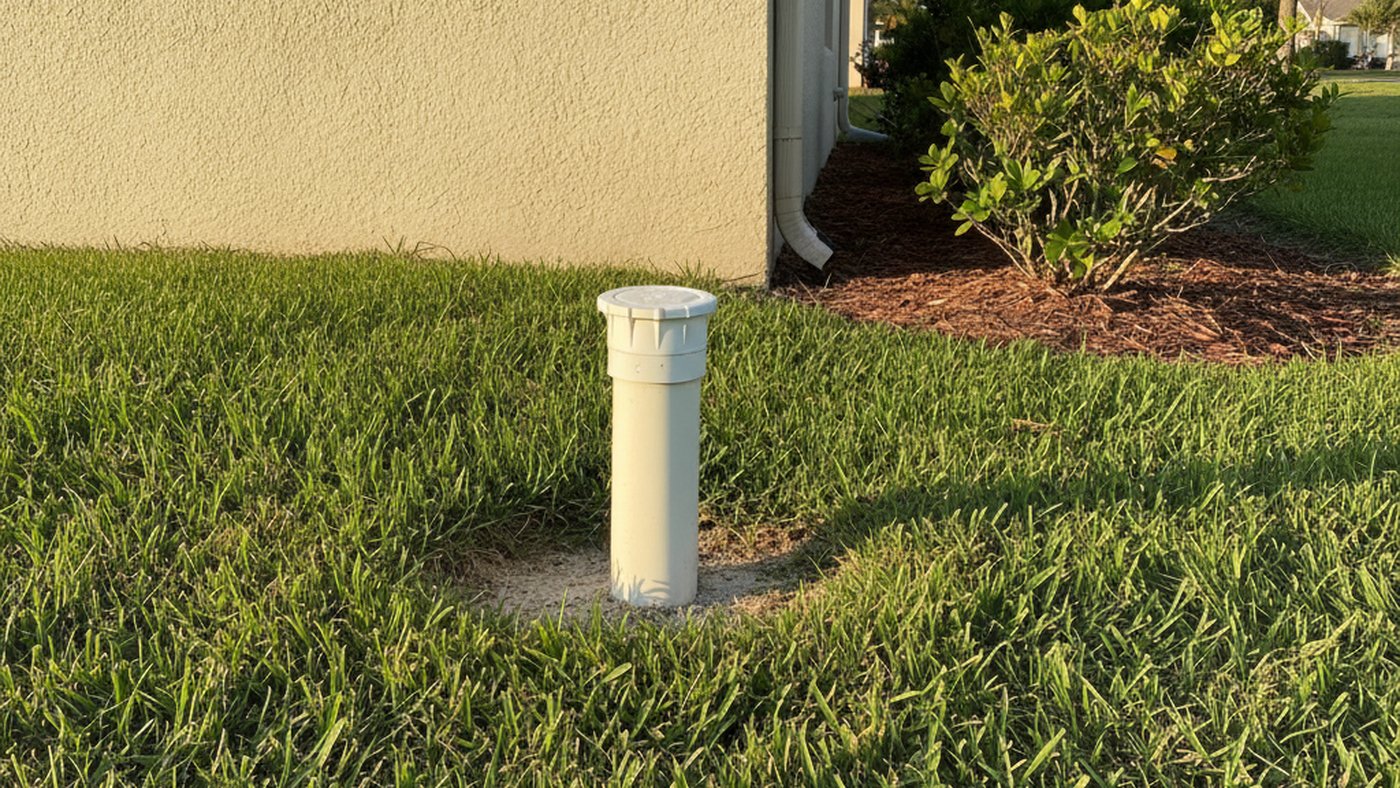 Capped white PVC sewer cleanout pipe rising from a lawn beside a stucco house foundation