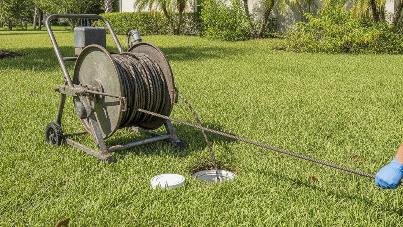 Drain cleaning machine on a lawn with its cable running into an open outdoor sewer cleanout