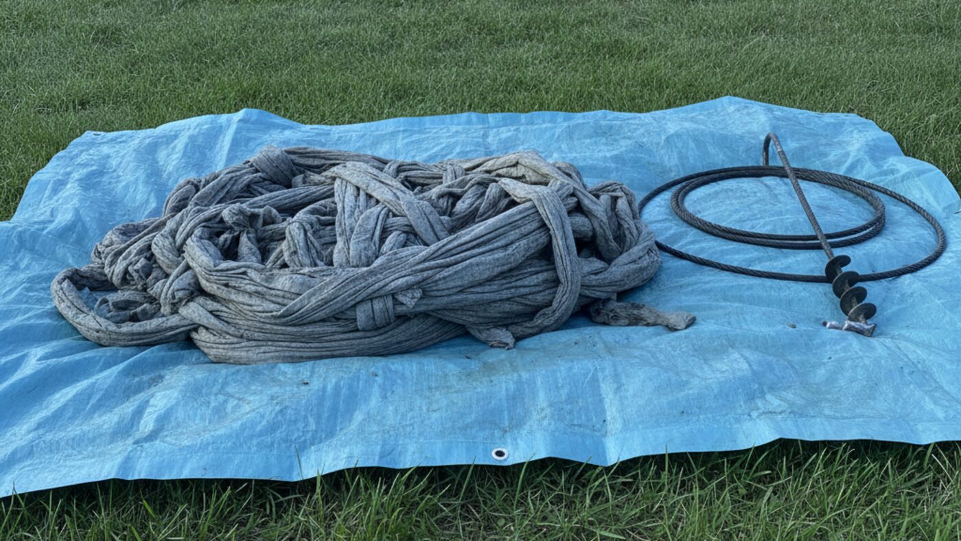 Tangled mass of intact wet wipes pulled from a sewer line and laid on a tarp beside a drain auger cable